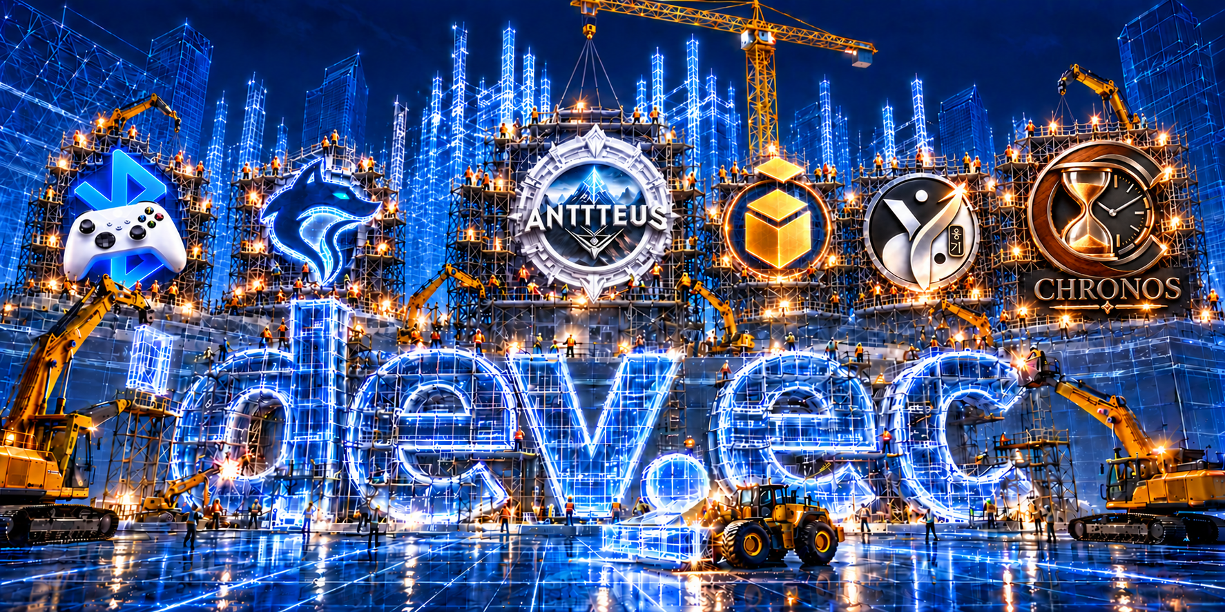 Ciudad digital en construcción con maquinaria, logotipos tecnológicos y las letras dev.ec